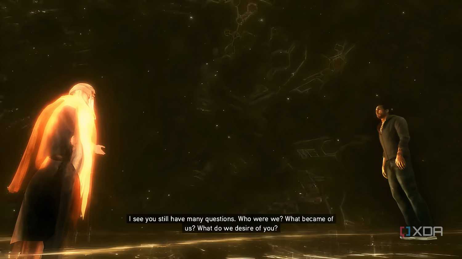 A screenshot from Assassin's Creed, Revelations, showing Desmond talking to Isu god Jupiter.