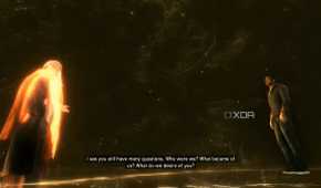 A screenshot from Assassin's Creed, Revelations, showing Desmond talking to Isu god Jupiter.