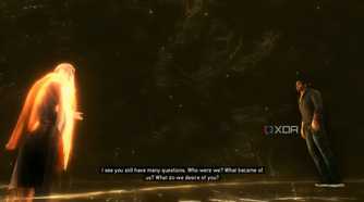 A screenshot from Assassin's Creed, Revelations, showing Desmond talking to Isu god Jupiter.