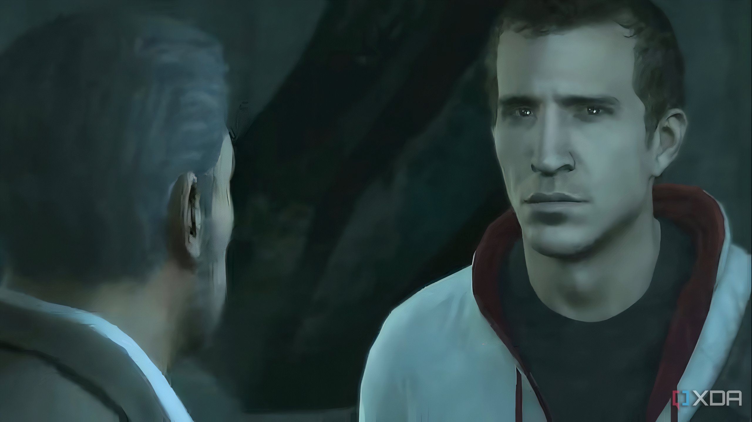 A screenshot from Assassin's Creed 3, showing Desmond talking to his father.