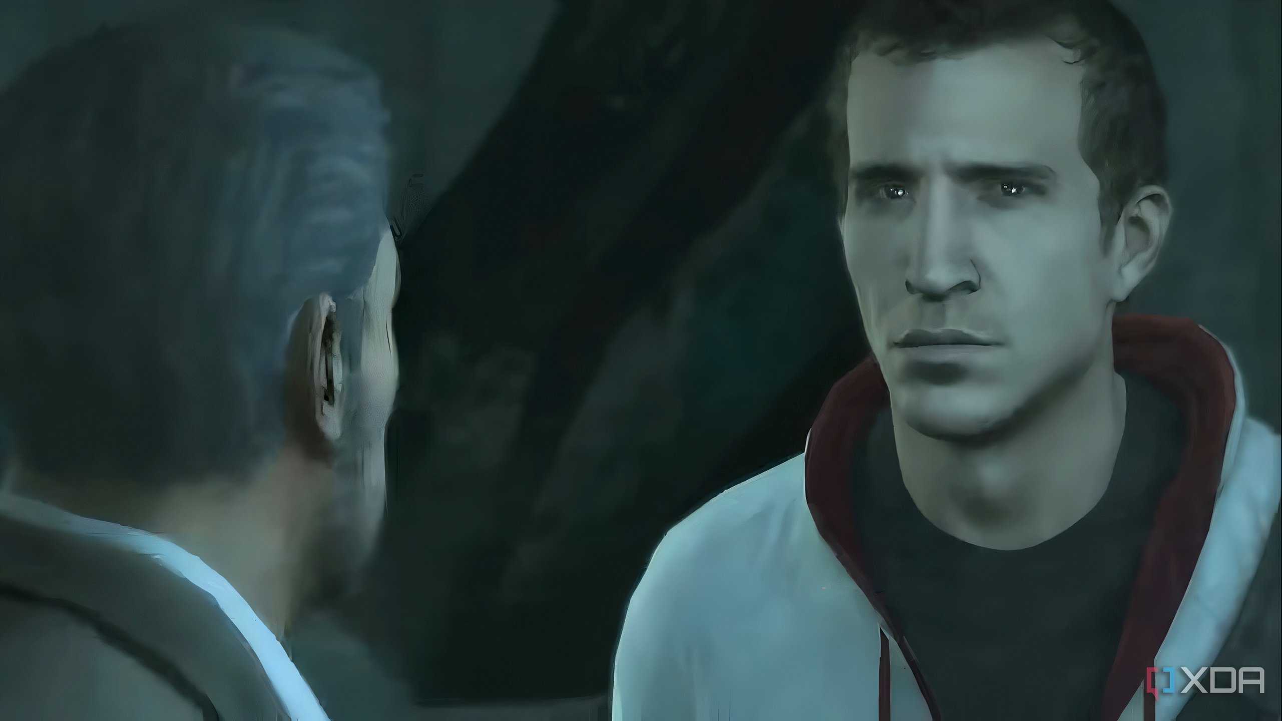 A screenshot from Assassin's Creed 3, showing Desmond talking to his father.