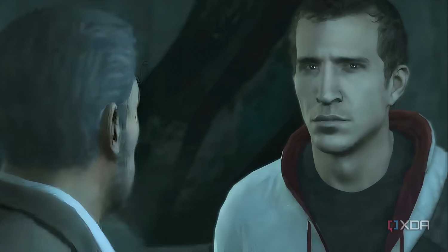 A screenshot from Assassin's Creed 3, showing Desmond talking to his father.