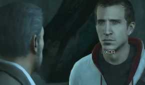 A screenshot from Assassin's Creed 3, showing Desmond talking to his father.