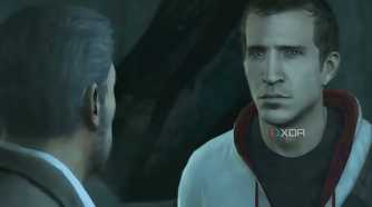 A screenshot from Assassin's Creed 3, showing Desmond talking to his father.