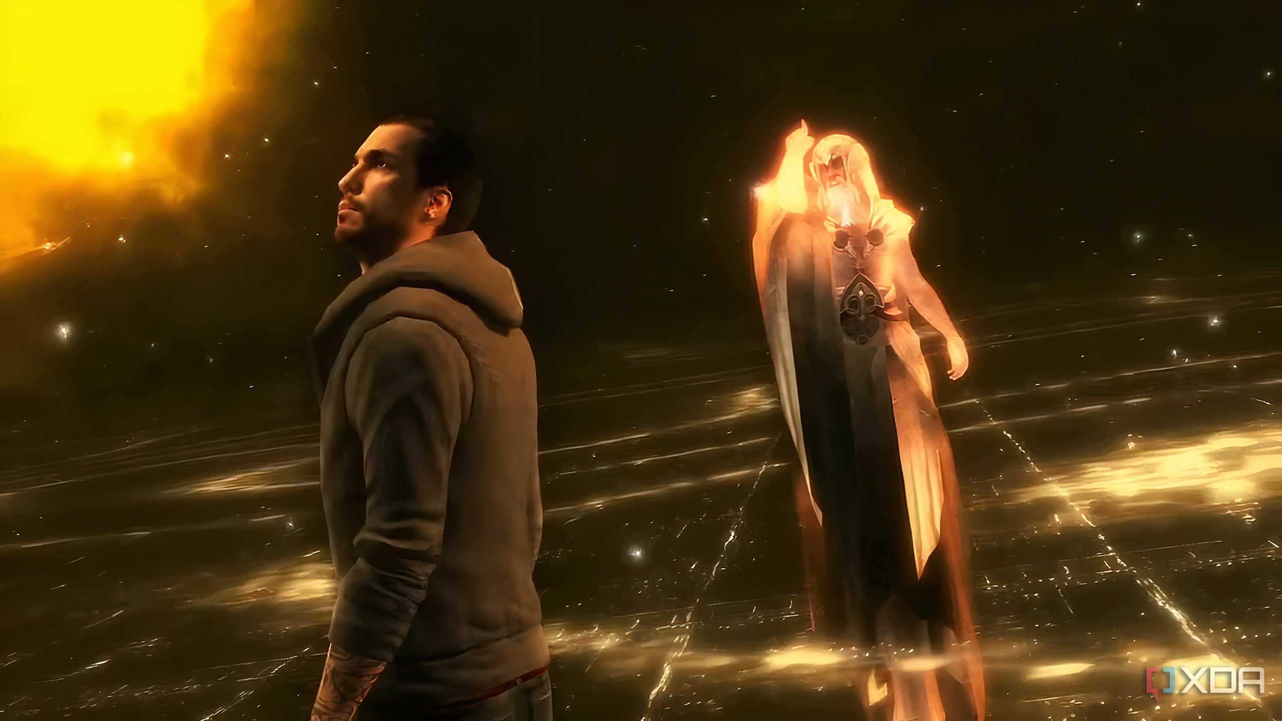 A screenshot from Assassin's Creed Revelations, showing Desmond talking to an Isu god.