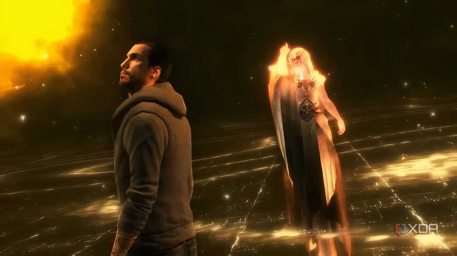 A screenshot from Assassin's Creed Revelations, showing Desmond talking to an Isu god.