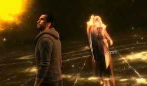 A screenshot from Assassin's Creed Revelations, showing Desmond talking to an Isu god.