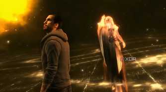 A screenshot from Assassin's Creed Revelations, showing Desmond talking to an Isu god.
