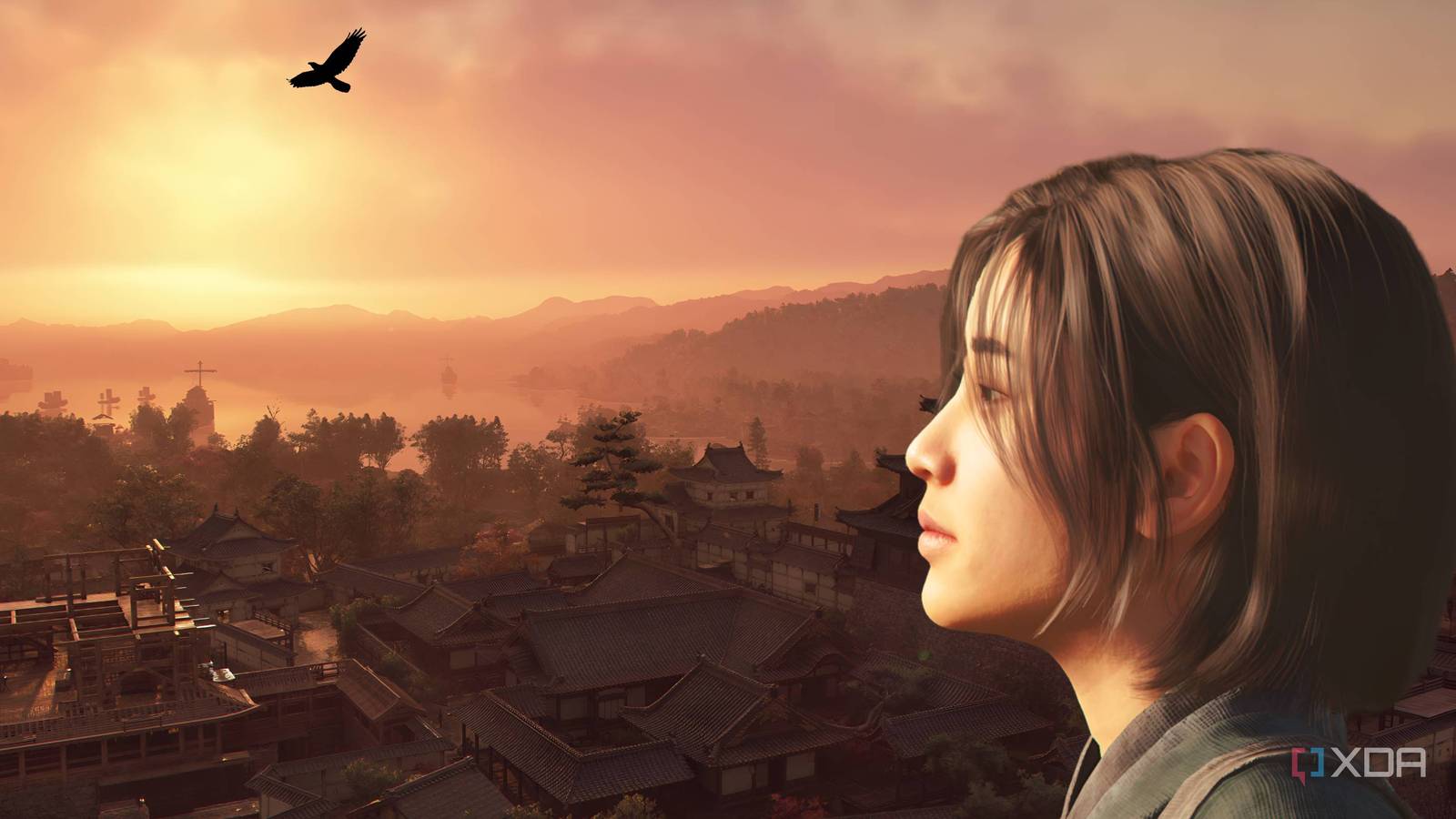 An image of Naoe from Assassin's Creed Shadows looking at the setting sun.