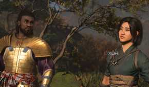 A screenshot from Assassin's Creed Shadows, showing the two protagonists, Naoe and Yasuke, standing next to each other.