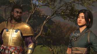 A screenshot from Assassin's Creed Shadows, showing the two protagonists, Naoe and Yasuke, standing next to each other.