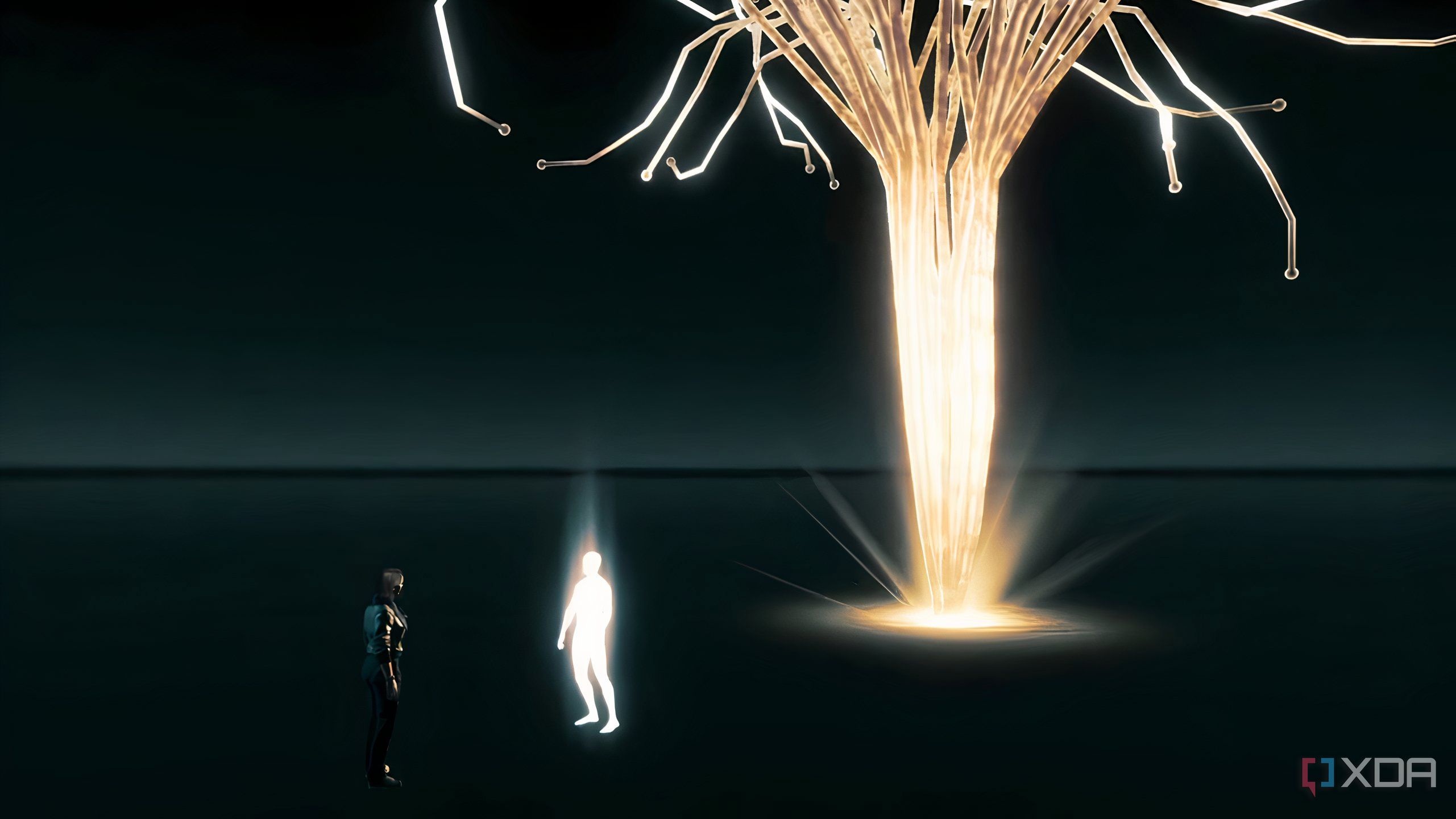 A screenshot from Assassin's Creed Valhalla, showing Desmond as The Reader, talking to Layla Hassan.