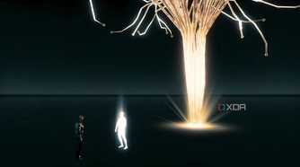 A screenshot from Assassin's Creed Valhalla, showing Desmond as The Reader, talking to Layla Hassan.