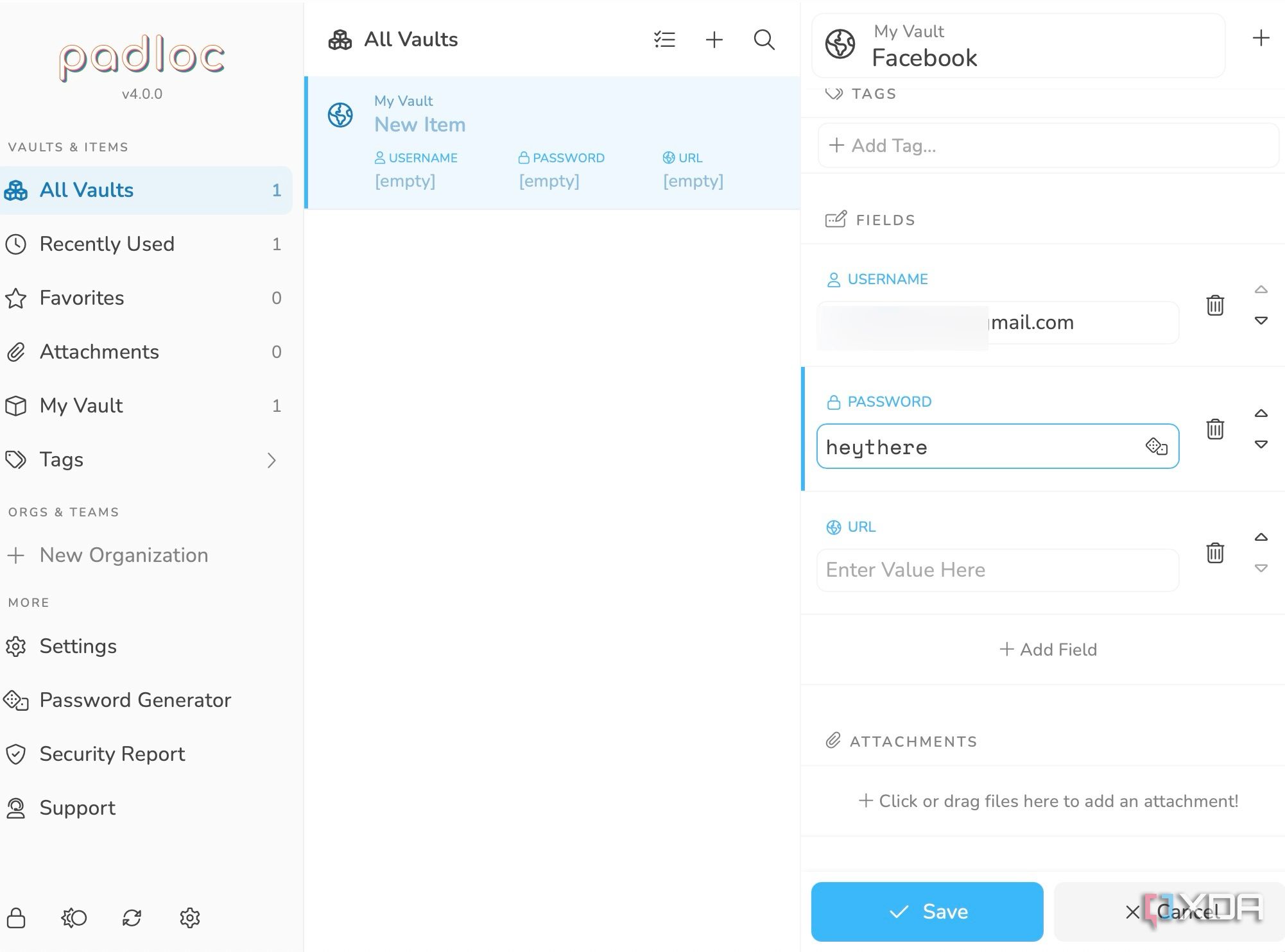 Screenshot of Padloc password manager interface