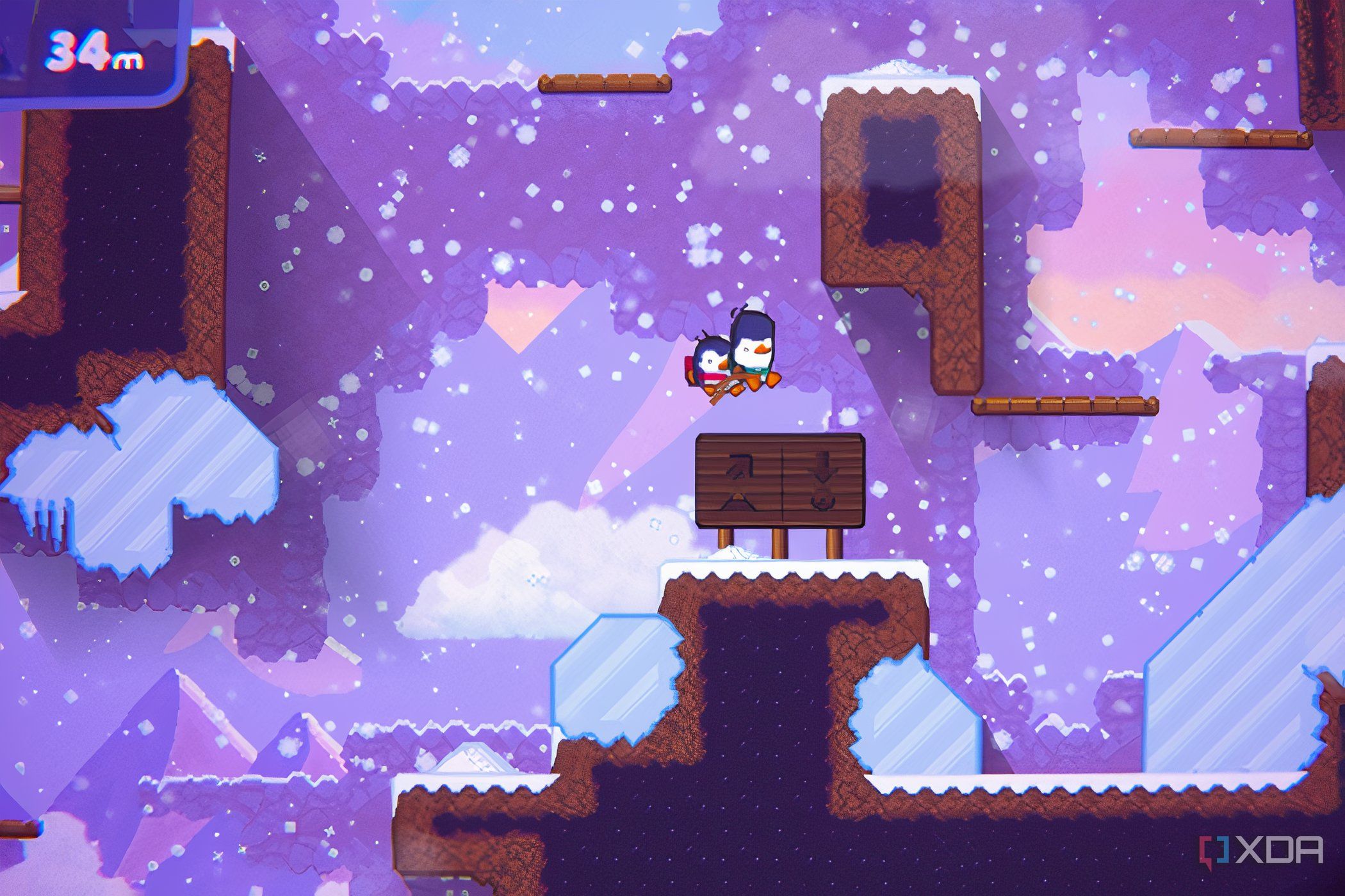 An image from the game "Bread & Fred", showing two penguins joined by a rope jumping over icy platforms. 