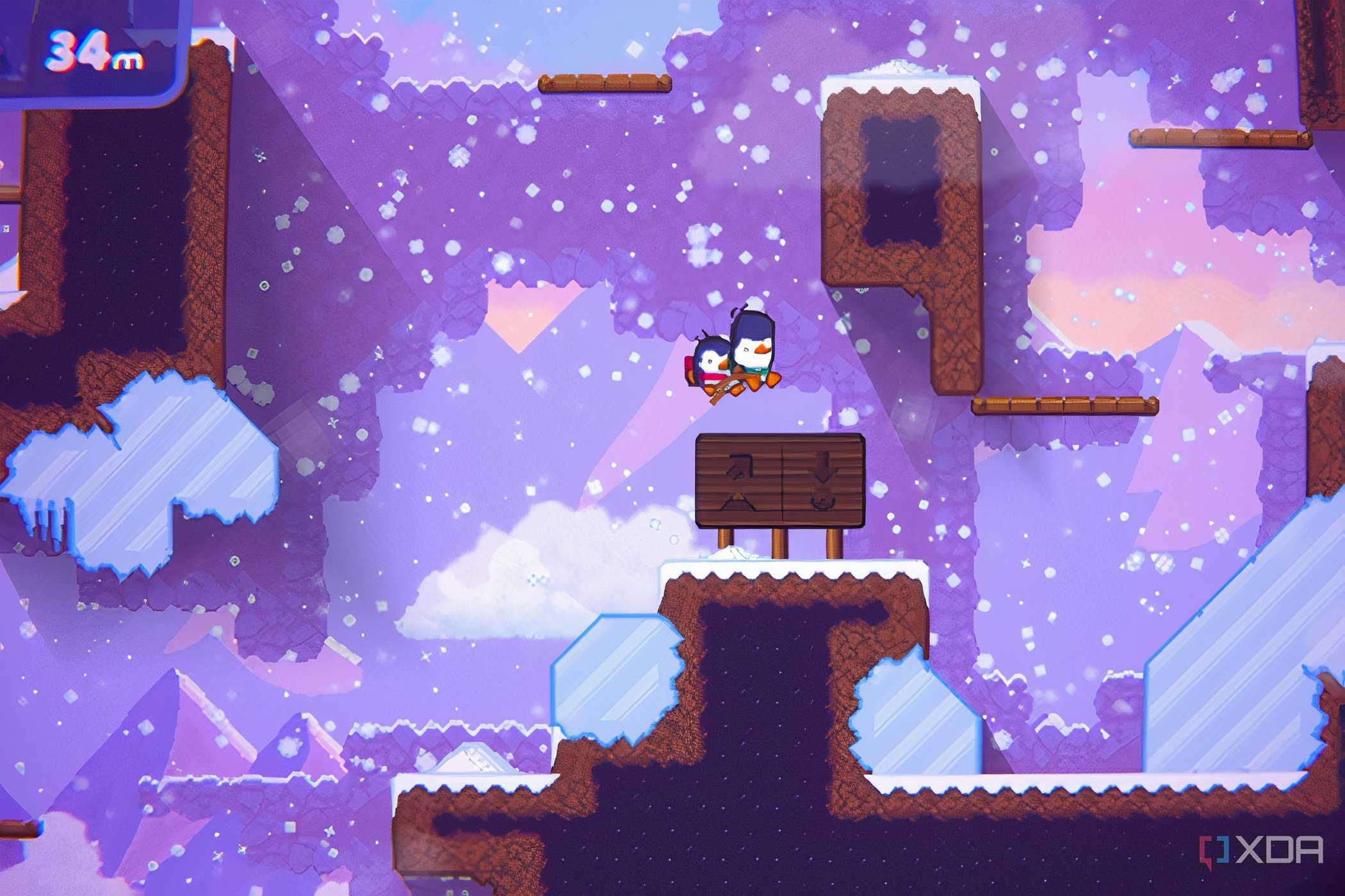 An image from the game "Bread & Fred", showing two penguins joined by a rope jumping over icy platforms.