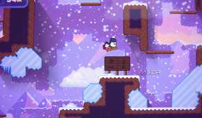 An image from the game "Bread & Fred", showing two penguins joined by a rope jumping over icy platforms.