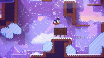 An image from the game "Bread & Fred", showing two penguins joined by a rope jumping over icy platforms.