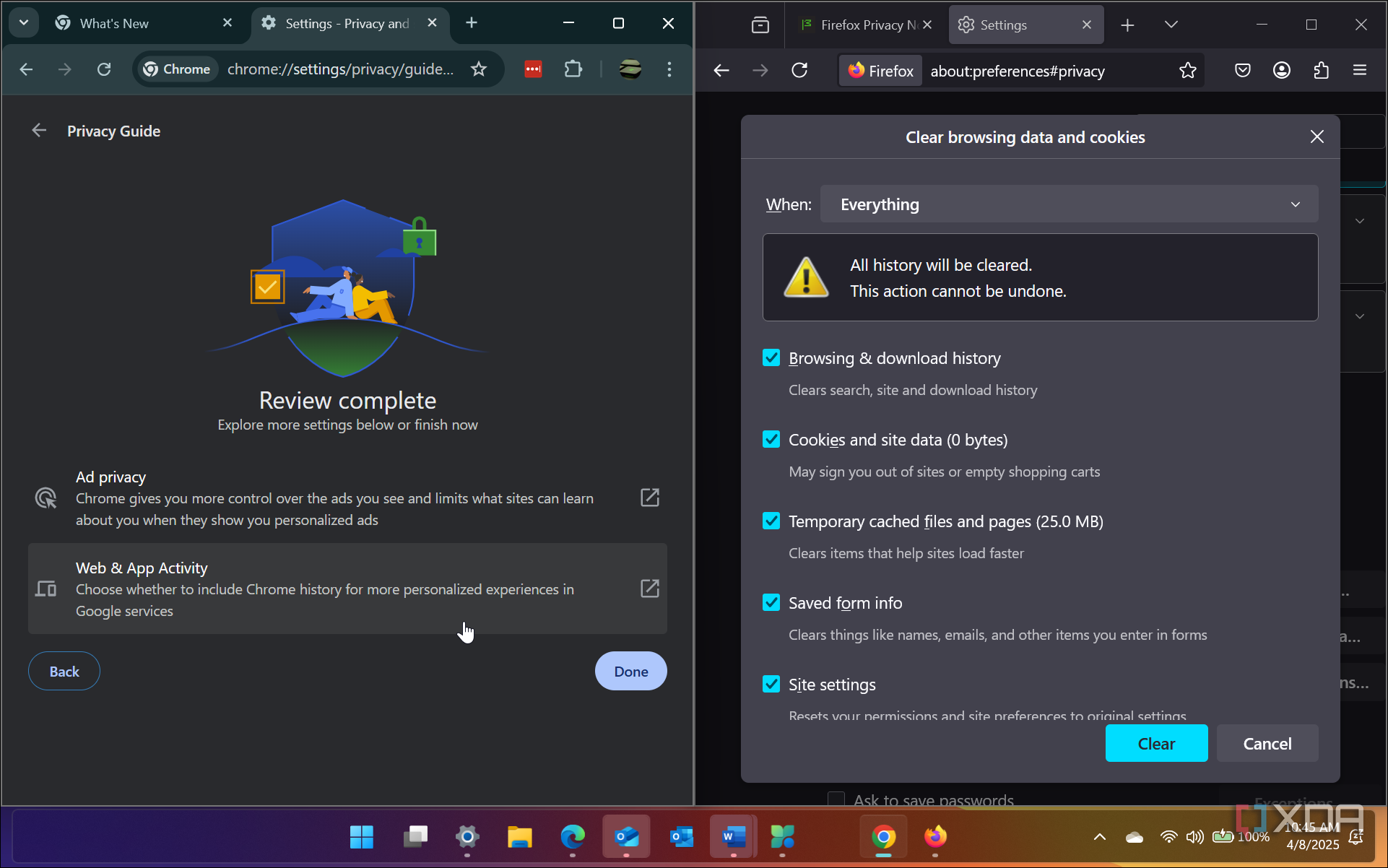 Shows Chrome and Firefox privacy and security settings