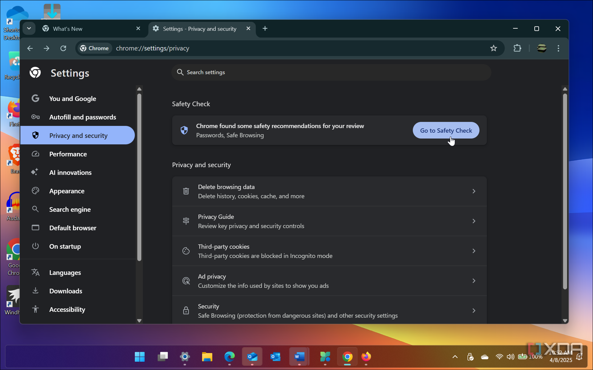 Shows Google Chrome Safety Check button in settings