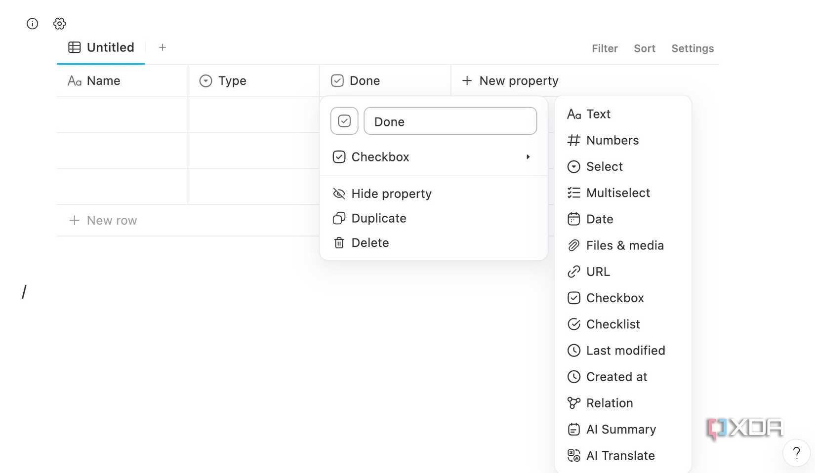 Database columns in AppFlowy