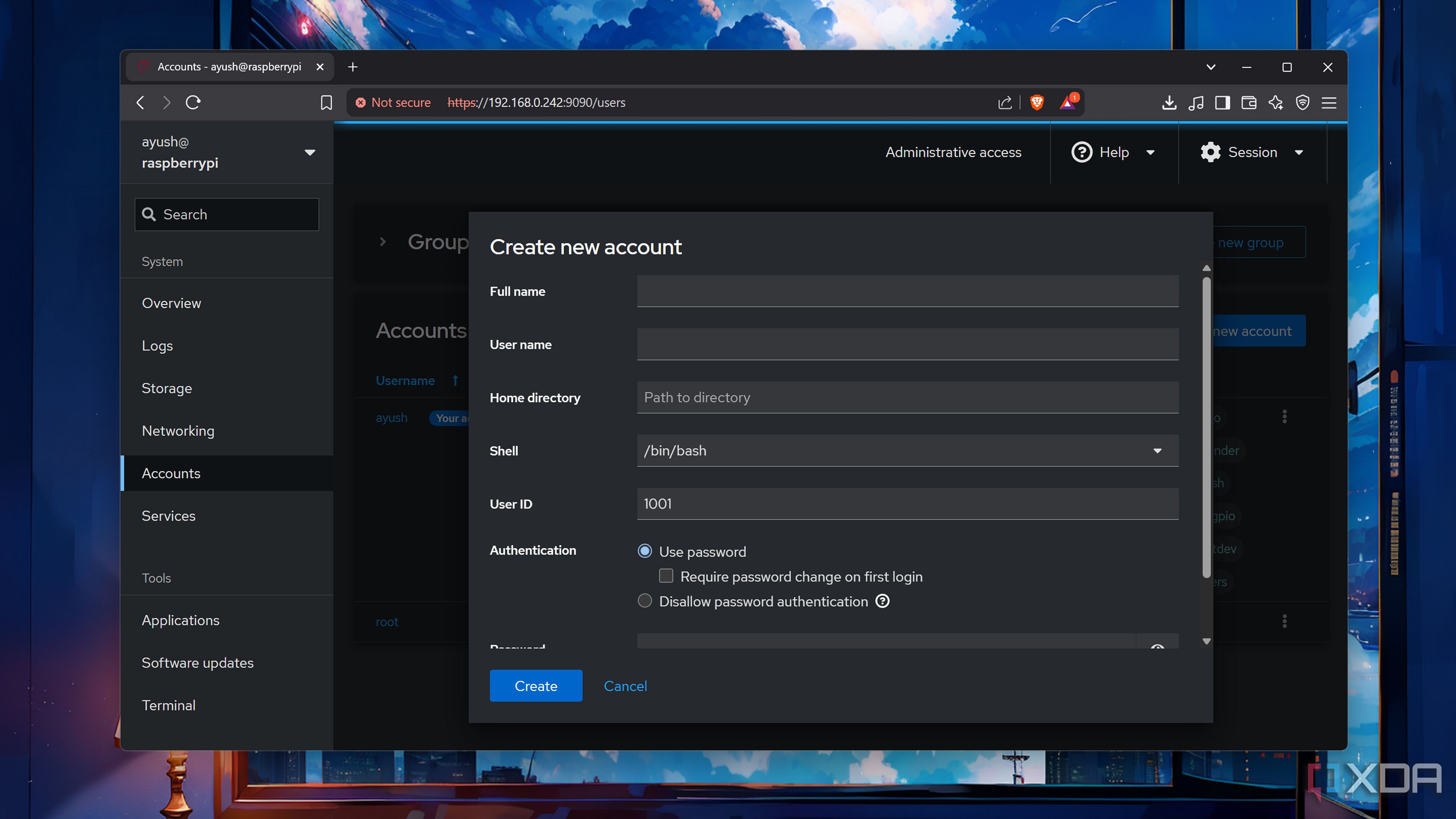 Creating a new account in Cockpit
