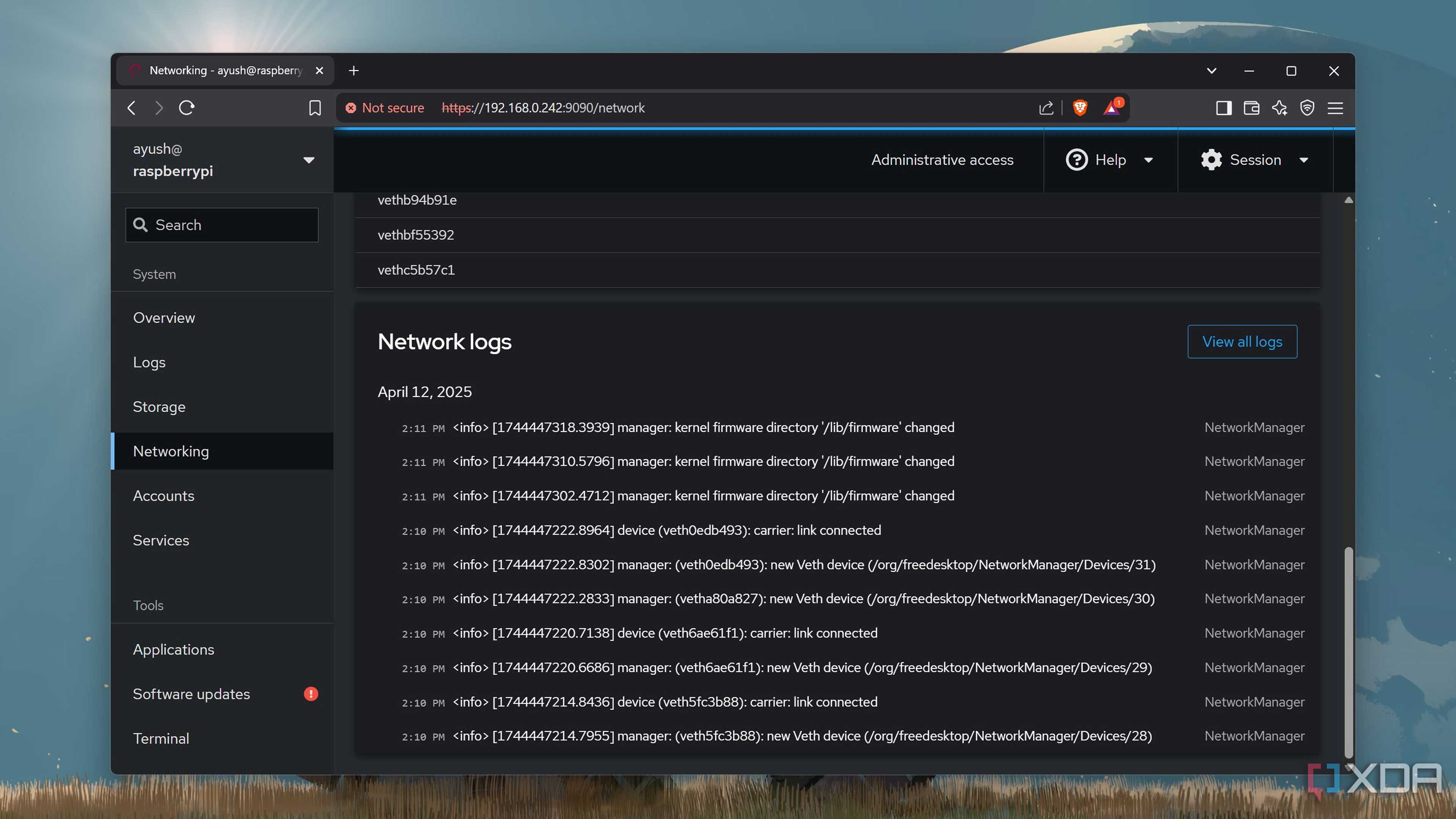 The Network logs section in Cockpit