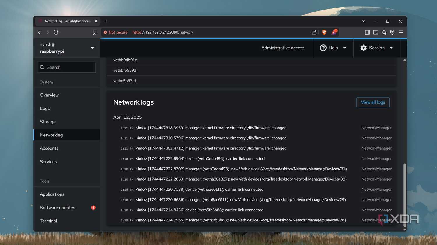 The Network logs section in Cockpit