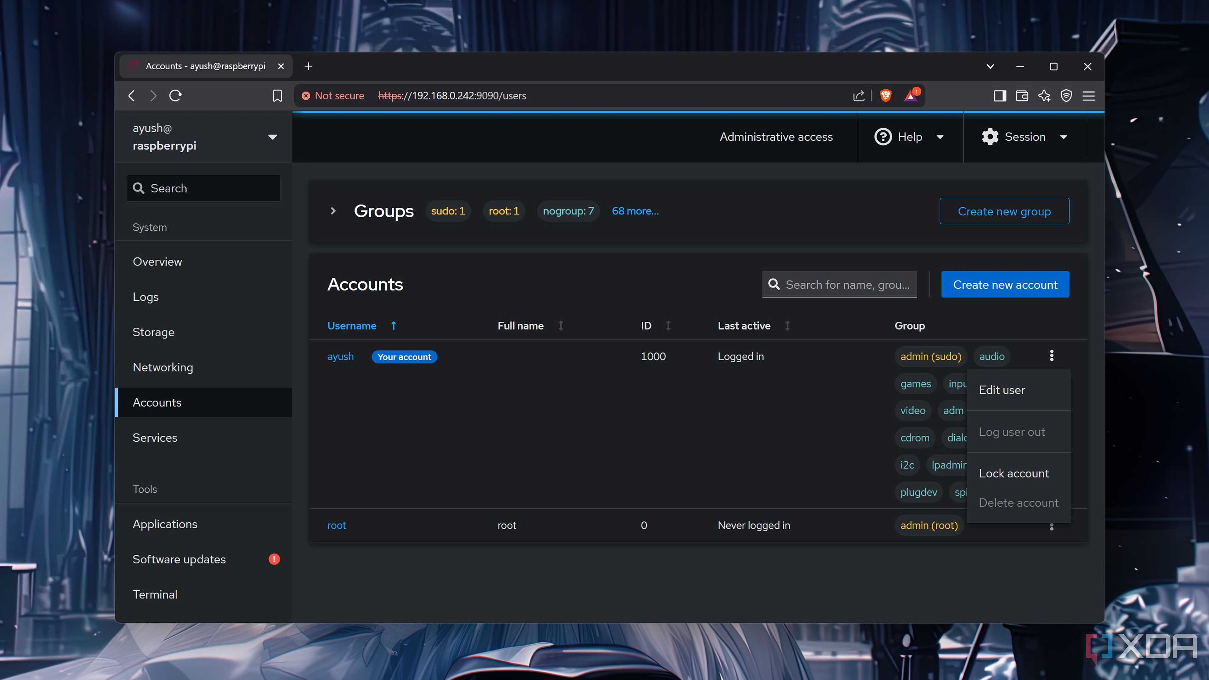 The Accounts tab in Cockpit