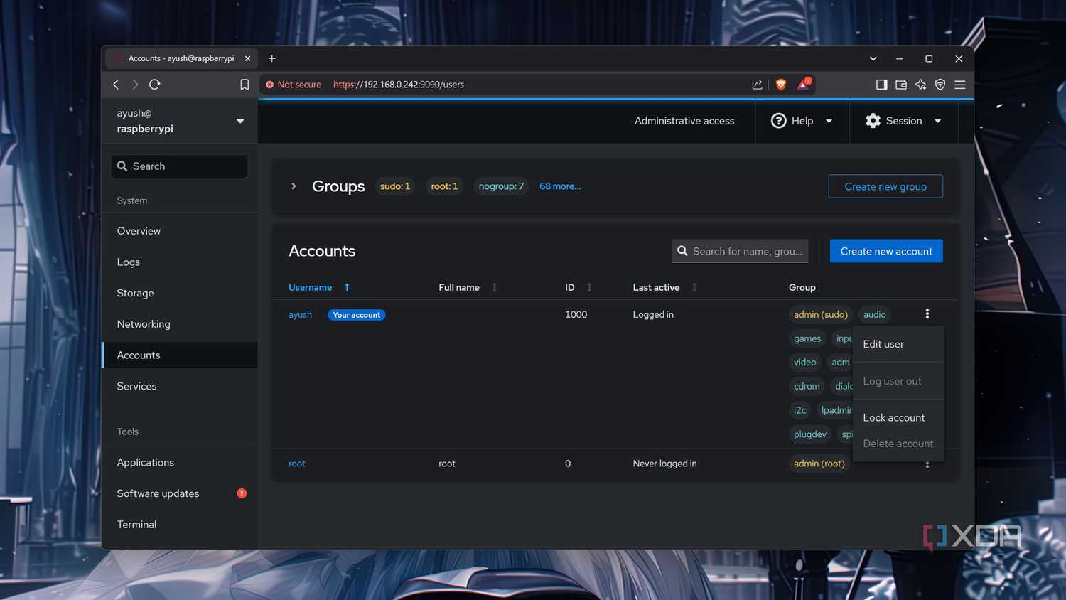 The Accounts tab in Cockpit