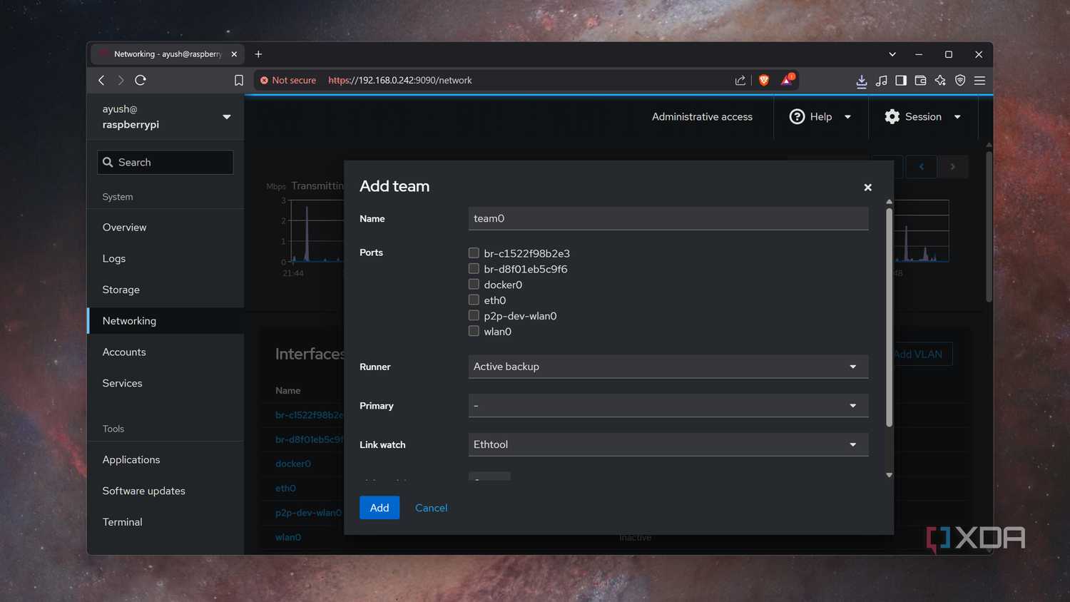 The networking tab in Cockpit