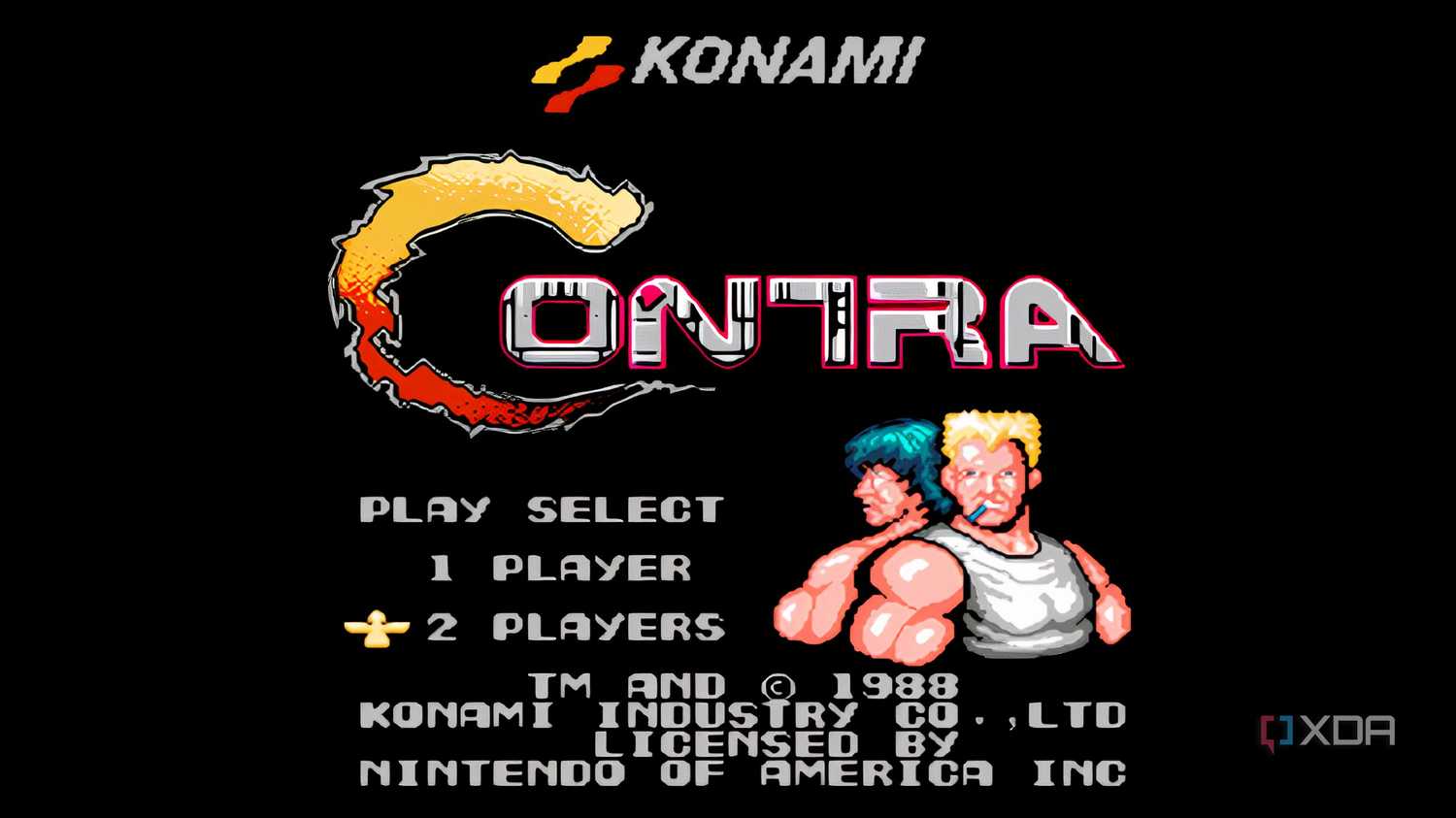 A screenshot from the game "Contra", showing the game's main-menu and splash screen.