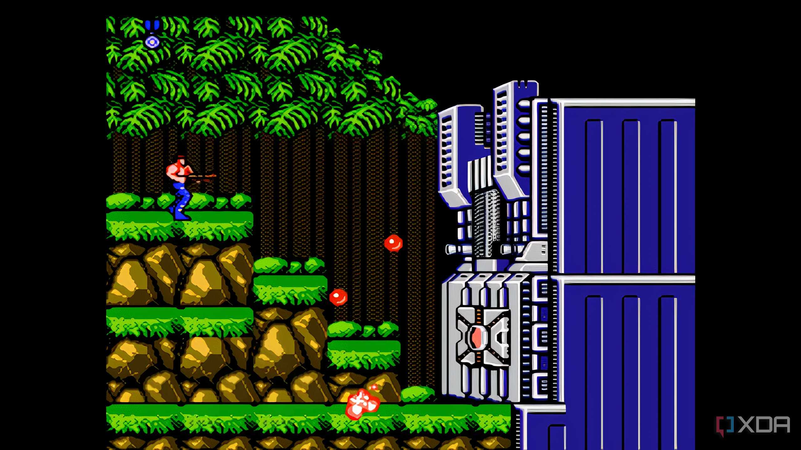A screenshot from the game "Contra", showing the player character fighting against the first stage's boss.