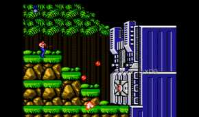 A screenshot from the game "Contra", showing the player character fighting against the first stage's boss.