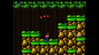 A screenshot from the game "Contra", showing the pler character shooting three bullets into the air above.
