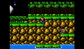 A screenshot from the game "Contra", showing the player character standing in the game's first stage of a forest.