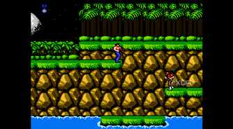 A screenshot from the game "Contra", showing the player character standing in the game's first stage of a forest.