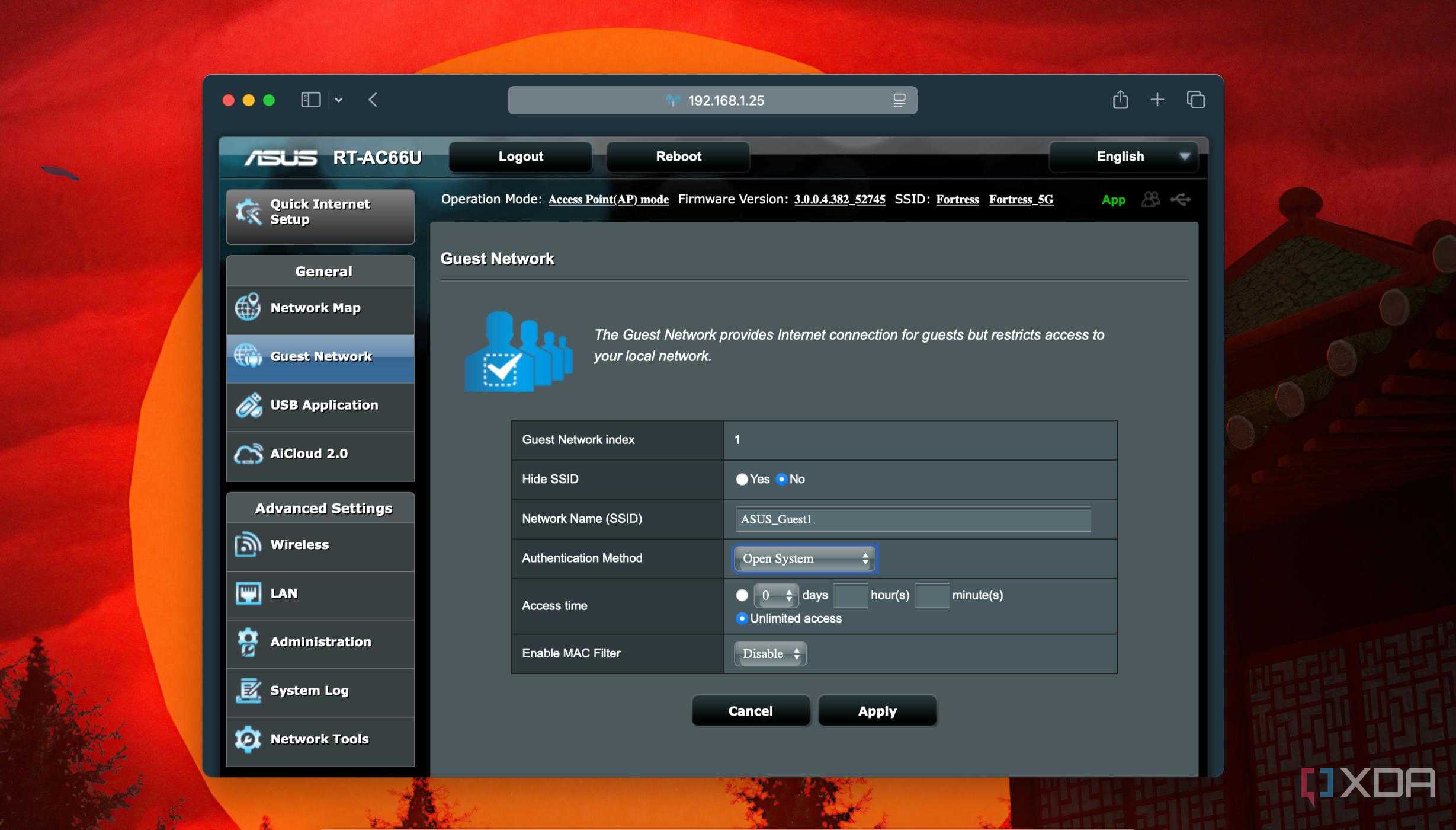 Screenshot of router interface to create a Guest network