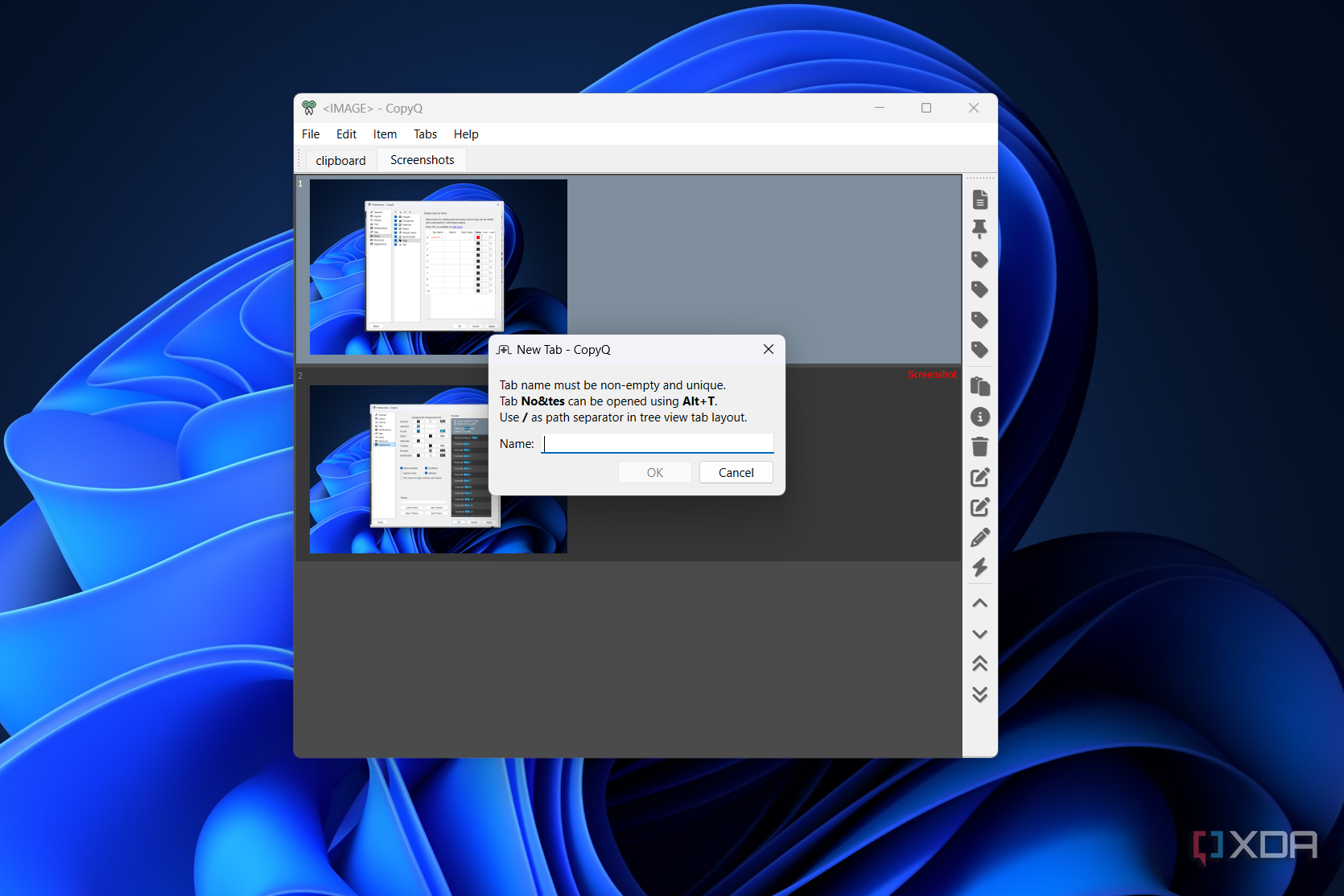 creating a new tab in copyq