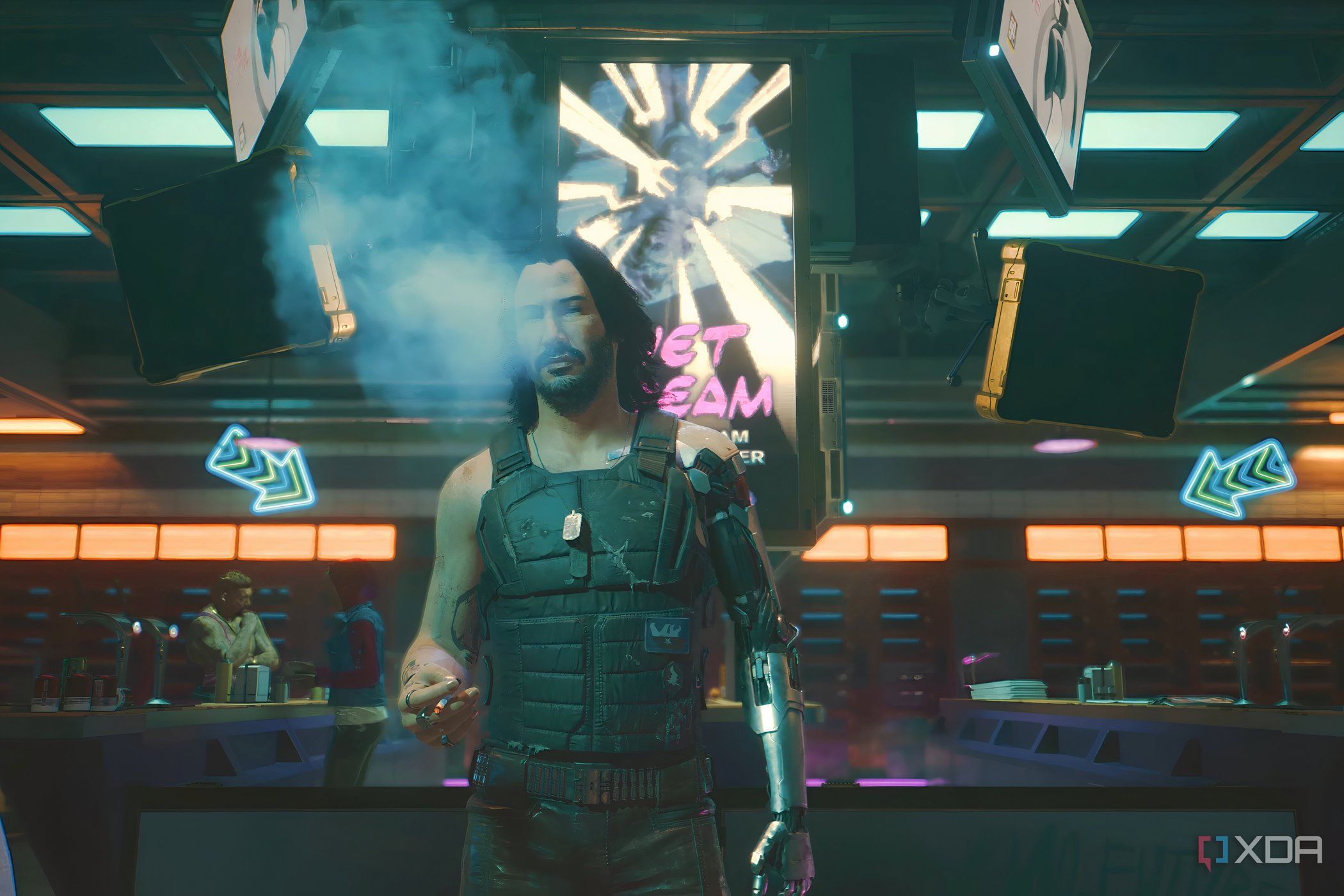 A screenshot from Cyberpunk 2077, showing Johnny Silverhand smoking a cigarette.
