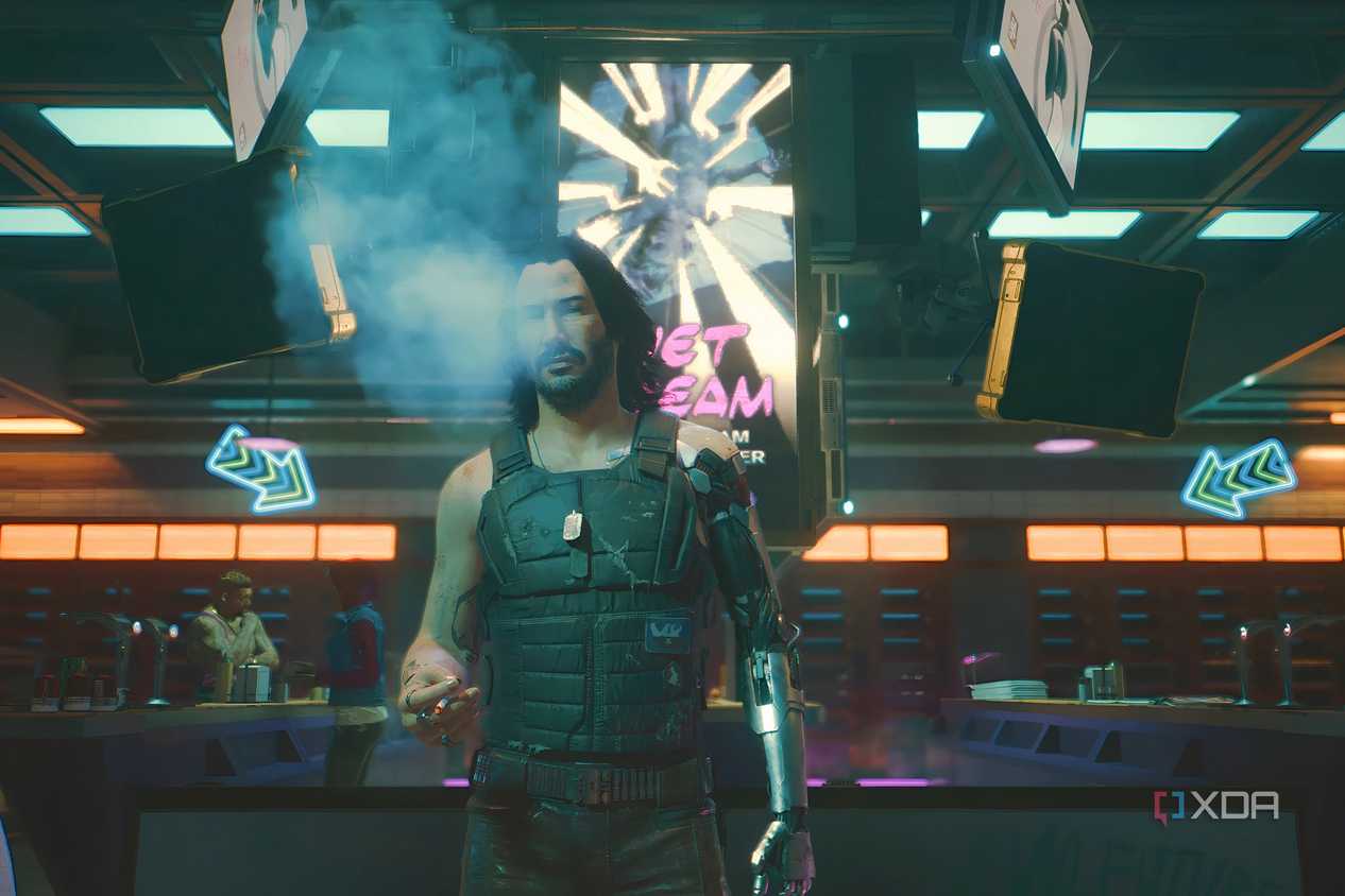 A screenshot from Cyberpunk 2077, showing Johnny Silverhand smoking a cigarette.