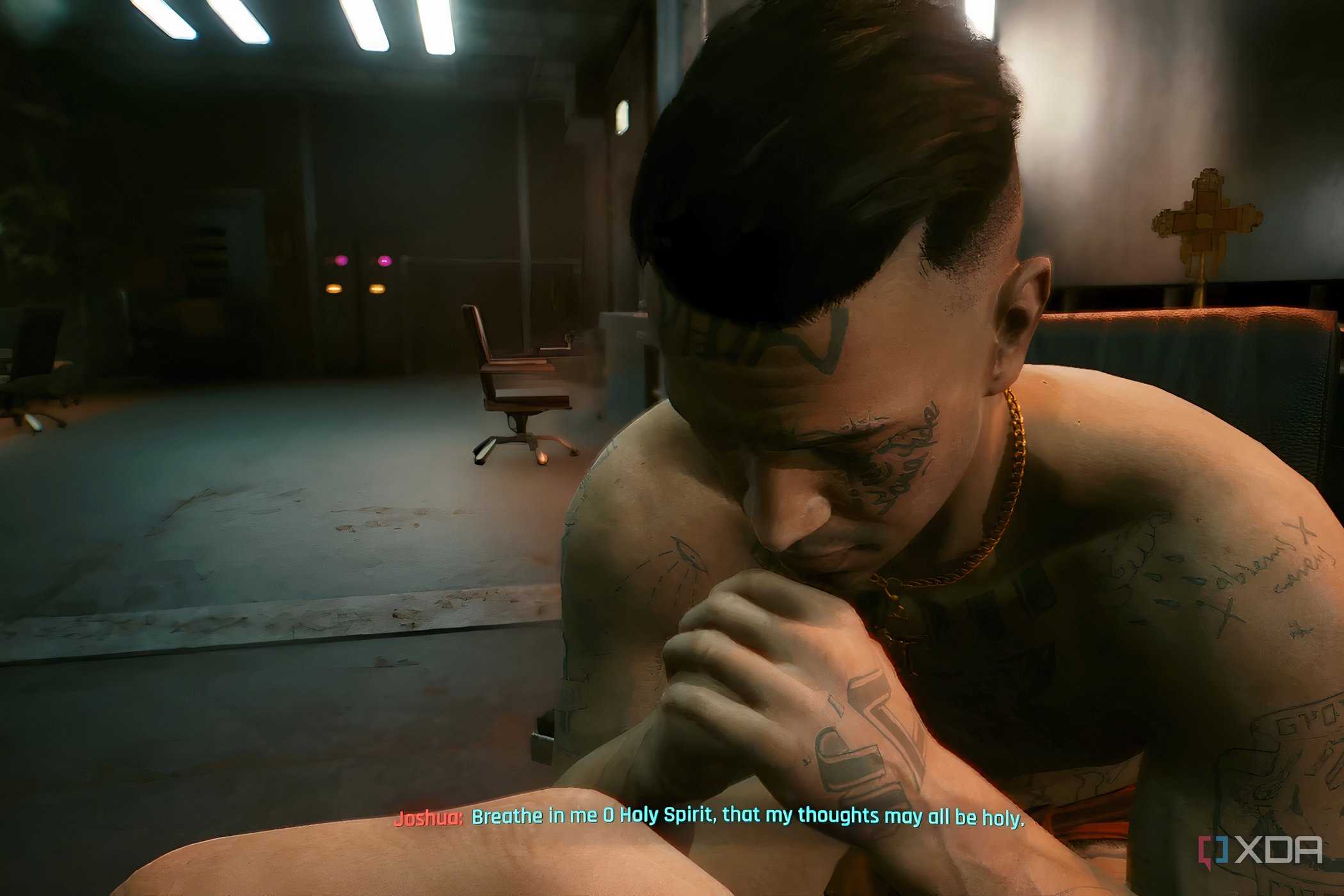 A screenshot from Cyberpunk 2077, showing a shirtless man praying.