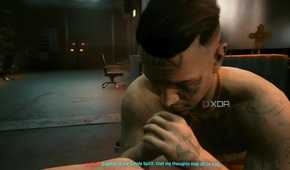 A screenshot from Cyberpunk 2077, showing a shirtless man praying.