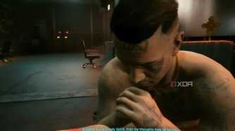 A screenshot from Cyberpunk 2077, showing a shirtless man praying.