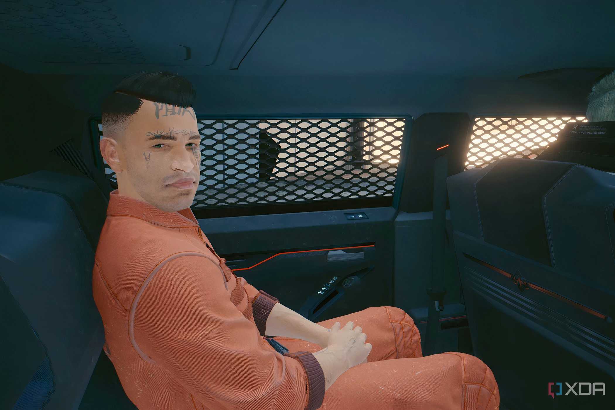 A screenshot from Cyberpunk 2077, showing a prisoner sitting inside a vehicle.