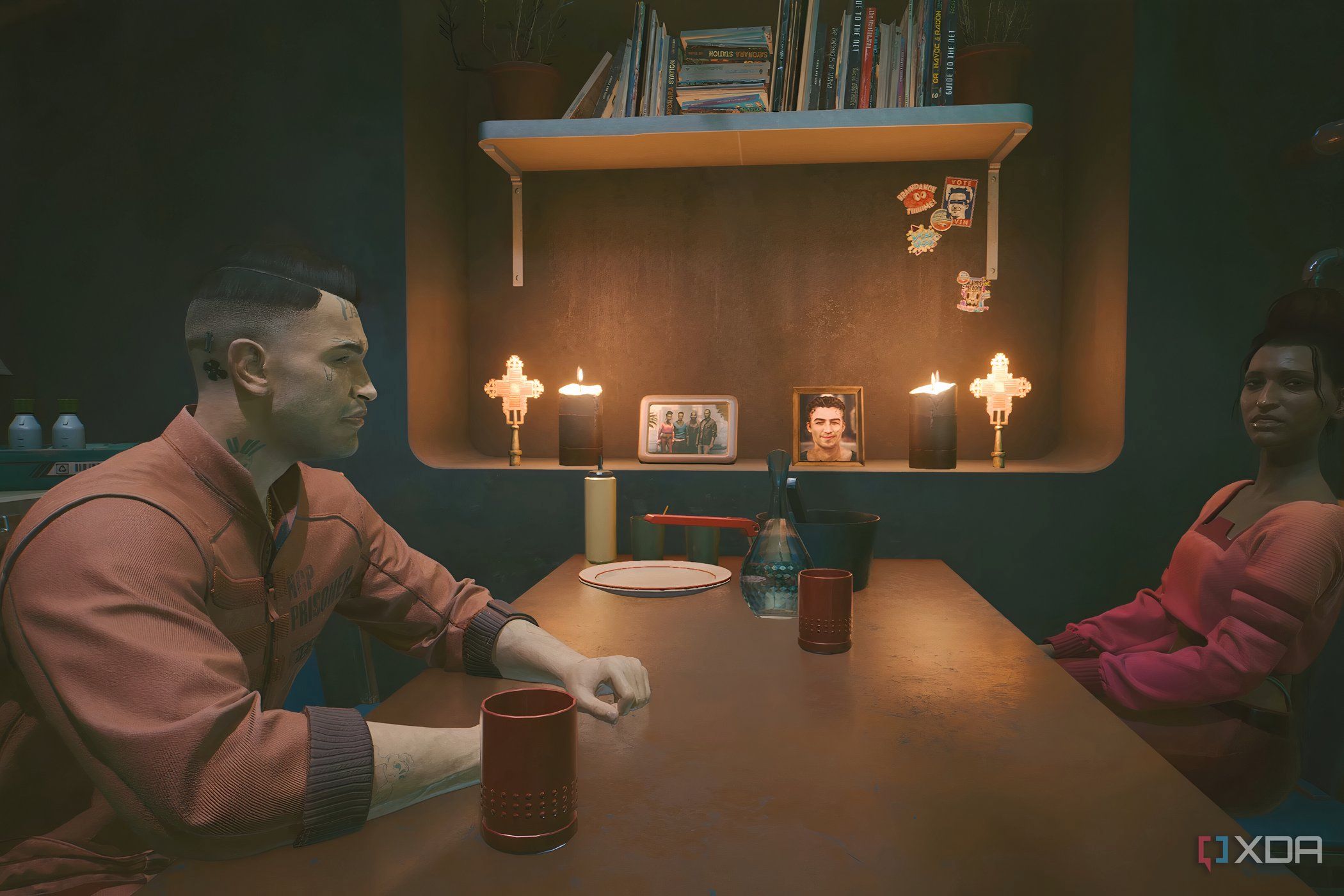 A screenshot from Cyberpunk 2077, showing two people sitting across from each other at a table.