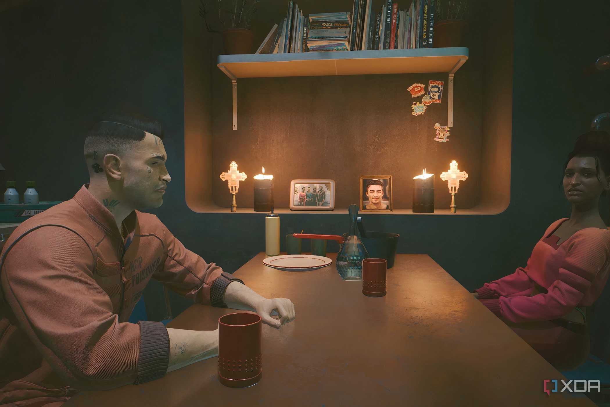 A screenshot from Cyberpunk 2077, showing two people sitting across from each other at a table.