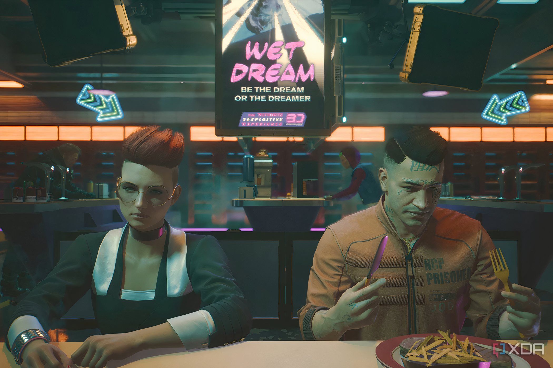 A screenshot from Cyberpunk 2077, showing two people sitting at a table.