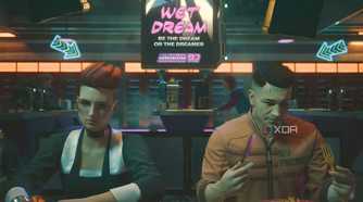 A screenshot from Cyberpunk 2077, showing two people sitting at a table.