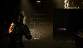 An image from 2023's Dead Space, showing the player character walking in a dark room.